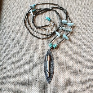 Southwestern Pyrite Double Wrap Choker, Rodeo Choker Necklace, Boho Arrow Pendant Turquoise Choker, Long Pyrite Turquoise Pendant Necklace image 2