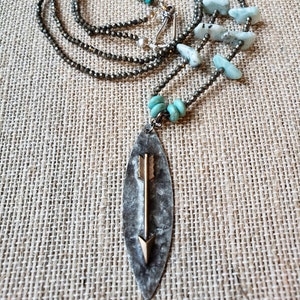 Southwestern Pyrite Double Wrap Choker, Rodeo Choker Necklace, Boho Arrow Pendant Turquoise Choker, Long Pyrite Turquoise Pendant Necklace image 3