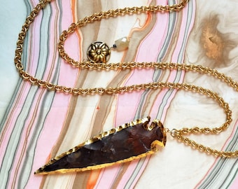 Large Arrowhead Pendant Necklace, Gold Arrowhead Necklace, Jasper Arrowhead Pendant, Boho Statement Necklace, Bohemian Jewelry