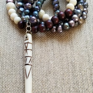 Pearl and Carved Bone Pendant Necklace, Long Potato Pearl Necklace, Natural Bone Pendant, Pearl and Wood Bead Necklace, Tribal Bead Necklace
