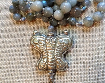 Labradorite and Silver Butterfly Necklace, Tibetan Butterfly Pendant, Long Labradorite Necklace, Knotted Beaded Jewelry, Yoga Jewelry