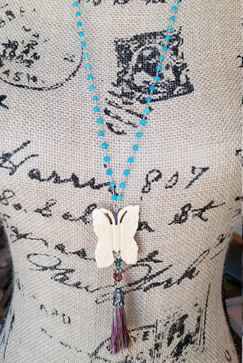 Nature Jewelry Butterfly Tassel Necklace Carved Butterfly Necklace Butterfly Gift Blue Jade Wire Wrapped Chain With Butterfly Pendant