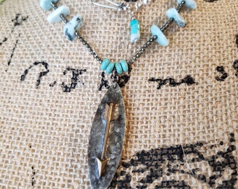 Southwestern Arrow Pendant Wrap Necklace, Western Pyrite Turquoise Necklace, Long Micro Pyrite Rodeo Necklace, Arrow Pendant Choker