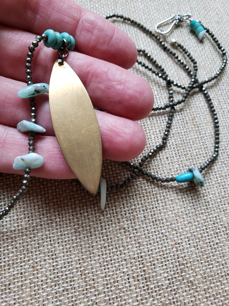 Southwestern Pyrite Double Wrap Choker, Rodeo Choker Necklace, Boho Arrow Pendant Turquoise Choker, Long Pyrite Turquoise Pendant Necklace image 6