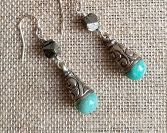 Amazonite Dangle Earrings, Tribal Boho Green Amazonite Drop Earrings, Tibetan Silver Drops, Gypsy Boho Earrings, Green Stone Earrings