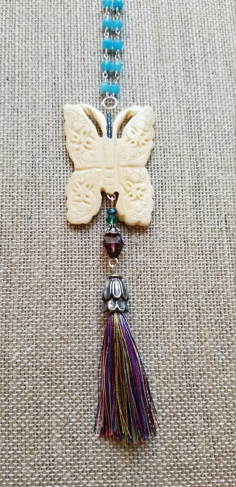 Nature Jewelry Butterfly Tassel Necklace Carved Butterfly Necklace Butterfly Gift Blue Jade Wire Wrapped Chain With Butterfly Pendant