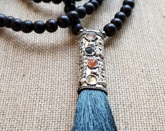 Teal Blue Tassel Necklace, Earthy Black Tassel Necklace, Tribal Bead Necklace, Western Bead Necklace, Rodeo Jewelry