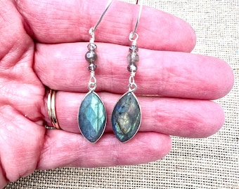 Blue Flash Labradorite Bezel Drop Earrings, Sterling Silver Labradorite Drops, Labradorite Drop Earrings with .925 Silver Marquise Ear Wire