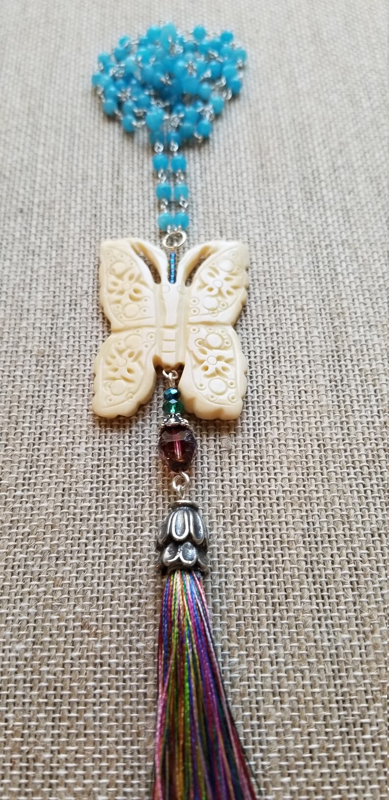 Nature Jewelry Butterfly Tassel Necklace Carved Butterfly Necklace Butterfly Gift Blue Jade Wire Wrapped Chain With Butterfly Pendant