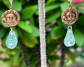 Celestial Sun Earrings with Roman Glass, Sunburst Earrings, Brass Sun Earrings, Roman Glass Dangle  Earrings, Raw Brass Sunshine Earrings
