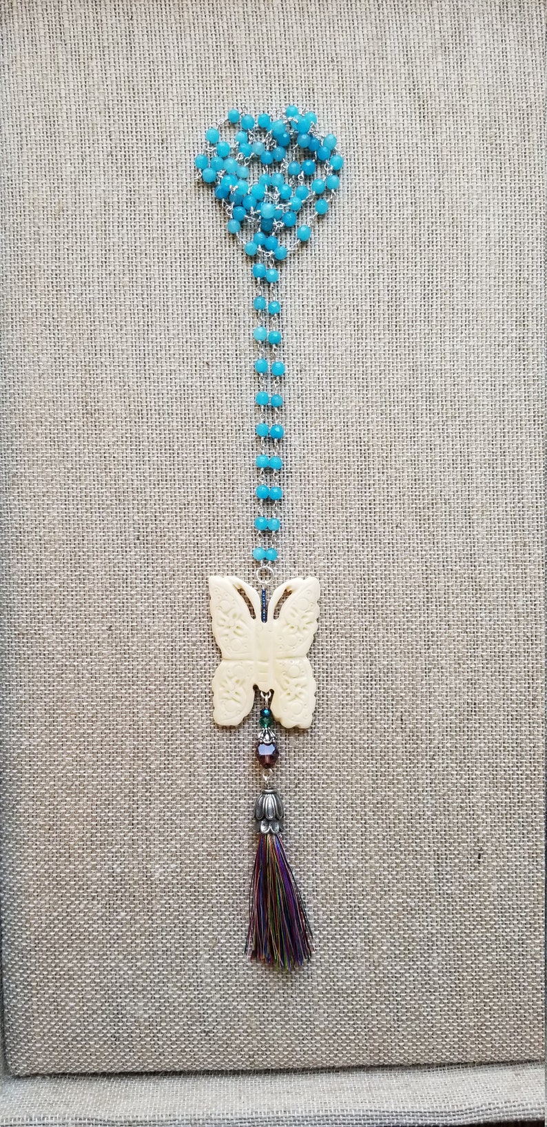Nature Jewelry Butterfly Tassel Necklace Carved Butterfly Necklace Butterfly Gift Blue Jade Wire Wrapped Chain With Butterfly Pendant