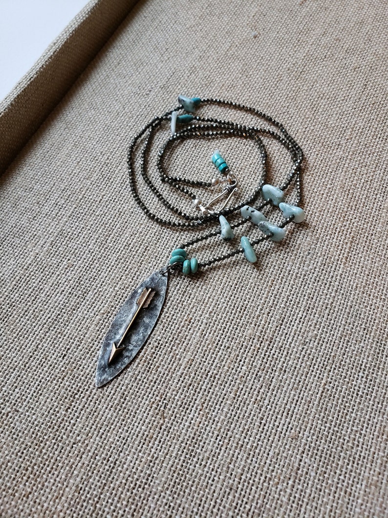 Southwestern Pyrite Double Wrap Choker, Rodeo Choker Necklace, Boho Arrow Pendant Turquoise Choker, Long Pyrite Turquoise Pendant Necklace image 1