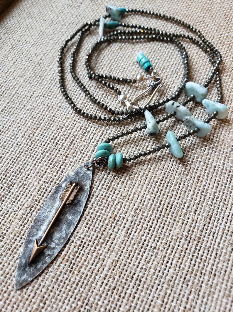 Southwestern Pyrite Double Wrap Choker, Rodeo Choker Necklace, Boho Arrow Pendant Turquoise Choker, Long Pyrite Turquoise Pendant Necklace image 4