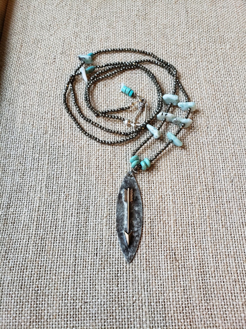 Southwestern Pyrite Double Wrap Choker, Rodeo Choker Necklace, Boho Arrow Pendant Turquoise Choker, Long Pyrite Turquoise Pendant Necklace image 2