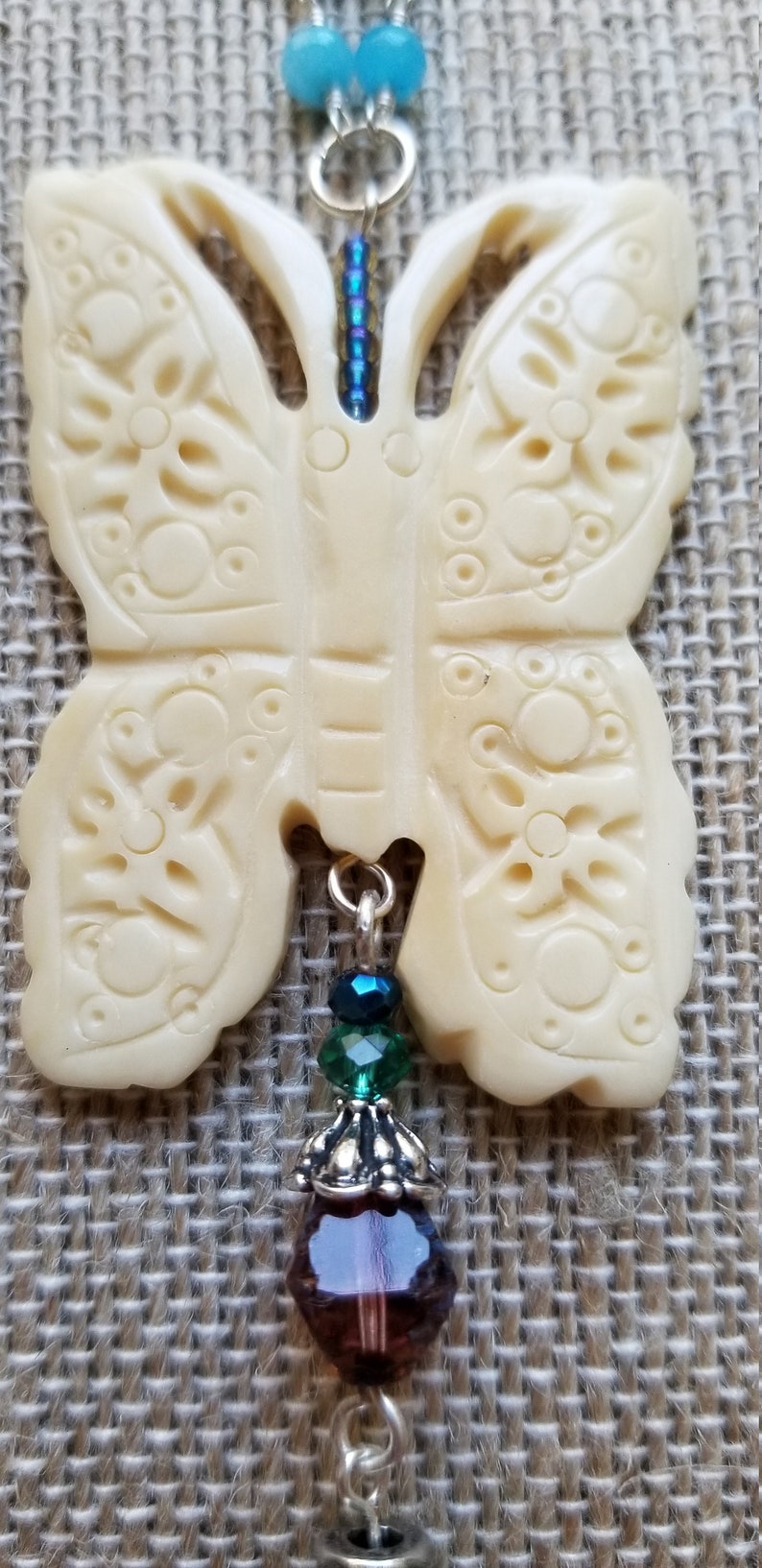 Nature Jewelry Butterfly Tassel Necklace Carved Butterfly Necklace Butterfly Gift Blue Jade Wire Wrapped Chain With Butterfly Pendant