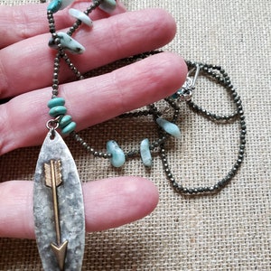 Southwestern Pyrite Double Wrap Choker, Rodeo Choker Necklace, Boho Arrow Pendant Turquoise Choker, Long Pyrite Turquoise Pendant Necklace image 7