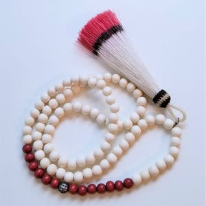 Red Rodeo Necklace, Southwestern Tassel Jewelry, Red Horse Hair Tassel Necklace, White Wooden Bead Necklace, Long Ivory Statement Necklace