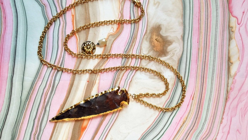 Large Arrowhead Pendant Necklace, Gold Arrowhead Necklace, Jasper Arrowhead Pendant, Boho Statement Necklace, Bohemian Jewelry image 1