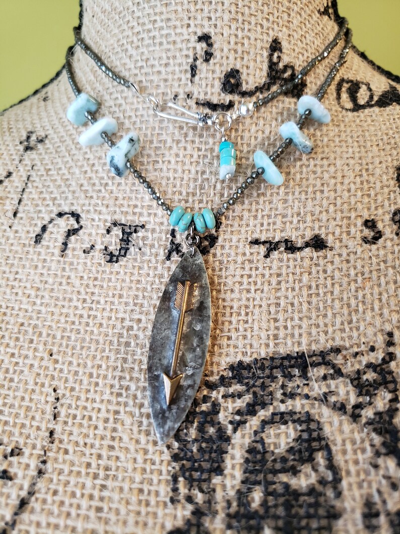 Southwestern Pyrite Double Wrap Choker, Rodeo Choker Necklace, Boho Arrow Pendant Turquoise Choker, Long Pyrite Turquoise Pendant Necklace image 10