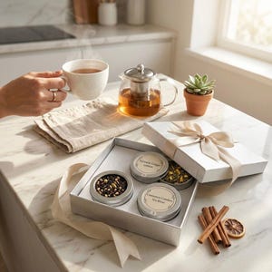Puede incluir: Un juego de té con una taza blanca, una tetera de vidrio y una caja de regalo que contiene latas de té. La caja está atada con una cinta beige. También hay palitos de canela y una pequeña suculenta en maceta.