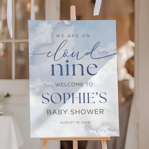 On Cloud Nine Baby Shower Invitation Welcome Sign, Blue Boy We&#39;re On Cloud Nine Baby Shower Welcome Sign On Cloud 9 Baby Shower CPCBS201