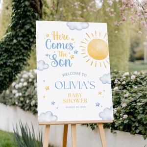 Cartello di benvenuto per il baby shower "Ecco che arriva il figlio" (modello Canva modificabile) CPCBS768