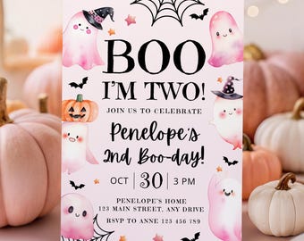 Boo I&#39;m Two Birthday Invite Little Boo is Turning 2 Invitation Pink Halloween Ghost 2nd Birthday Invitation Girl Cute Pink Invite CPCBI331