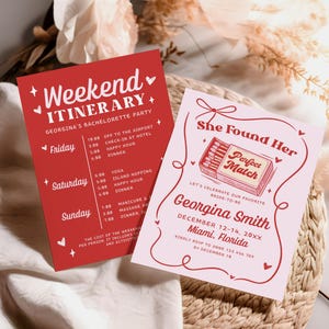 Modèle d&#39;invitation de bachelorette modifiable match parfait Match made in Heaven Bach itinéraire week-end imprimable Match parfait invitation CPCBR471