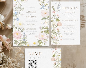Peut inclure: Ensemble de faire-part de mariage avec des illustrations florales aux couleurs pastel. L'invitation comprend les noms "Amelia et Arthur" et la date "25.09.10". L'ensemble comprend également des cartes de détails et de réponse.