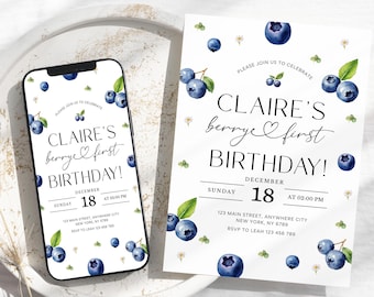 Editable Blueberry Birthday Invitation Template, Berry First Birthday Invitation, 1st Blueberry Birthday Invite Evite Printable, CPCBI159
