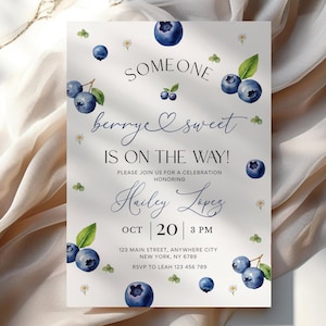 Blueberry Baby Shower Invitation, Editable Berry Sweet Blueberry Baby Shower Invite, Blueberries Baby Shower Invitation Template, CPCBS159