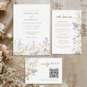Wildflower bruiloft uitnodiging set sjabloon, QR-code bruiloft uitnodiging, lente bruiloft kaart uitnodigingsbundel (gemakkelijk te bewerken canva-sjabloon) CPCWP203