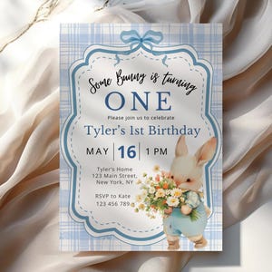 Blue Some Bunny is One First Birthday Invite Boy Bunny Birthday Invite Some Bunny is Turning One Birthday Invite Printable Template CPCBI166