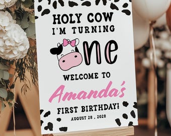 Editable Pink Cow Print Farm Animal Birthday Welcome Sign for Girl 1st Birthday Welcome Sign Digital Download Cow Welcome Sign CPCBI232