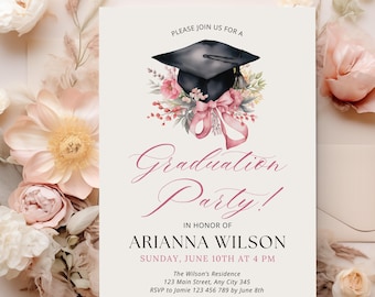 Pink Flowers Grad Party Invite, Flowers College Graduation Invitation, Editable Elegant Graduation Invite, High School Grad Invite CPCGP173