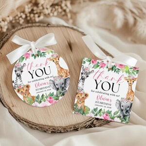 Girl Safari Birthday Thank You Tags, Jungle Theme Girls, Pink Safari Girl 1st Birthday Thank You Tags, Printable Template CPCBI223