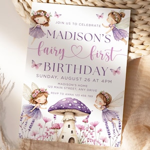 Editable Fairy First Birthday Party Purple Fairy First Invitation Enchanted Fairy 1st Birthday Invite 1st Birthday Fairy Invite CPCBI312