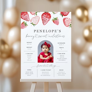 Panneau modifiable pour le premier anniversaire des petits fruits sucrés, affiche du 1er anniversaire aux fraises, panneau modifiable pour le 1er anniversaire des filles CPCBI153