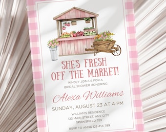 Fresh Off the Market Bridal Shower Invitation, Editable Farmer's Market Invite, Pink Gingham Flower Rustic Bridal Shower Invite CPCBR245