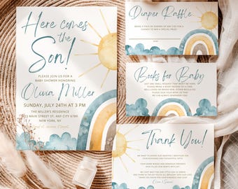 Here Comes The Son Baby Shower Invitation Bundle, Boy Sunshine Baby Shower Invite Set, Boy Sonshine Shower, Boho Sunshine Invite CPCBS763