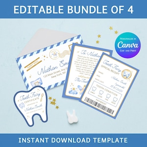Op de afbeelding: Een blauw-witte Tooth Fairy-bundel met een envelop, een certificaat en een bon. De bundel bevat de tekst "Editable Bundle of 4" en "Instant Download Template". Het certificaat heeft de vorm van een tand.