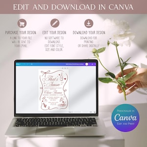May include: A laptop displaying a customizable invitation design with the text "That's Amore" in a burgundy color. The design includes illustrations of wine glasses, a bottle, and food. The image also shows instructions for editing and downloading the design in Canva.