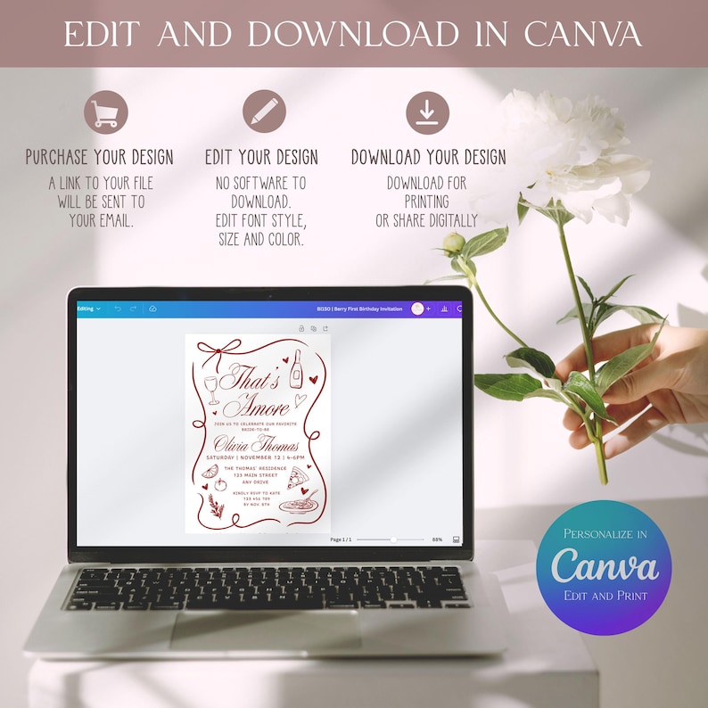 May include: A laptop displaying a customizable invitation design with the text "That's Amore" in a burgundy color. The design includes illustrations of wine glasses, a bottle, and food. The image also shows instructions for editing and downloading the design in Canva.