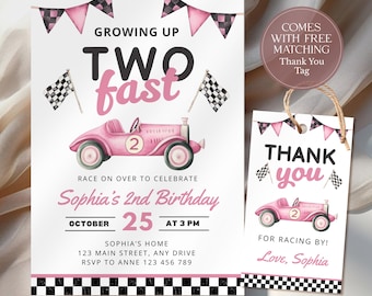 Pink Two Fast Birthday Invite: Car Themed Party (Printable Template) CPCBI445