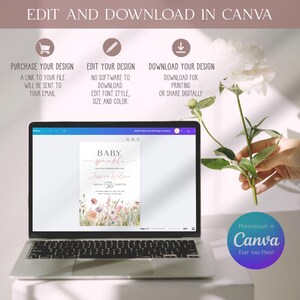 May include: A laptop screen displaying a pink and white baby sprinkle invitation with a floral design. The invitation says "Baby Sprinkle" and includes the name "Jessica Wilson" and the date and time of the event. The text "Personalize in Canva Edit and Print" is displayed on a teal circle in the lower right corner of the image.