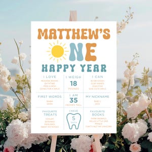 May include: A white sign with the text "MATTHEW'S ONE HAPPY YEAR" in orange and blue. The sign includes information about the child's first year, including weight (18 pounds) and height (35 inches).