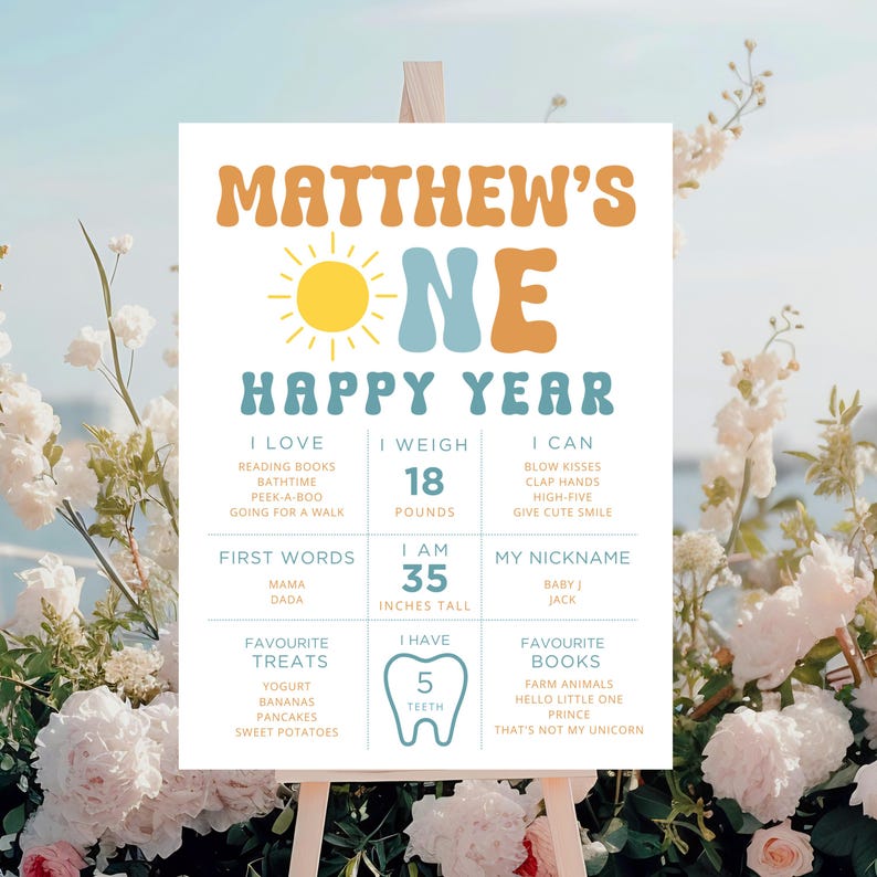 May include: A white sign with the text "MATTHEW'S ONE HAPPY YEAR" in orange and blue. The sign includes information about the child's first year, including weight (18 pounds) and height (35 inches).