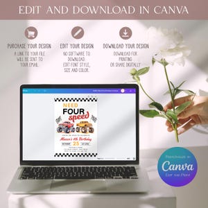 Puede incluir: Un port&aacute;til muestra un dise&ntilde;o de invitaci&oacute;n de cumplea&ntilde;os con monster trucks y el texto "Need Four Speed". La imagen tambi&eacute;n incluye instrucciones para editar y descargar el dise&ntilde;o en Canva.
