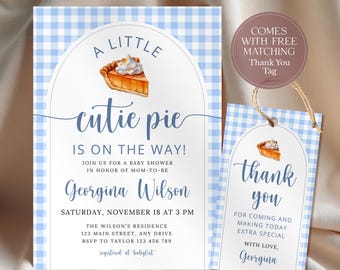 Invitación para baby shower "Cutie Pie" azul, invitación para baby shower de niño de otoño, invitación para baby shower "Cutie Pie está en camino" CPCBS262