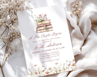 Editable New Chapter Begins Bridal Shower Invite Template Her Next Chapter Wildflower Books Wedding Shower Printable Invitation CPCBR301